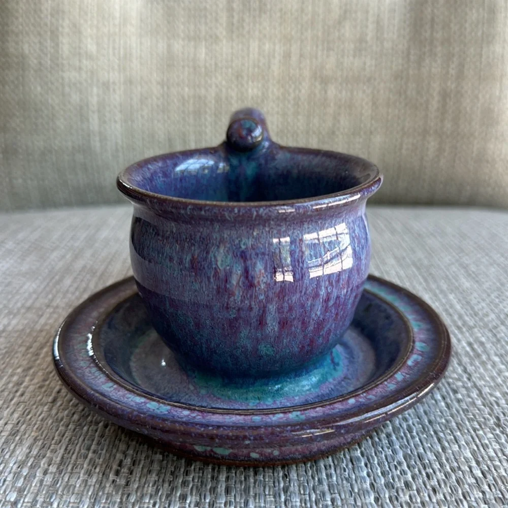 Pigeon Forge Pottery Lavender & Turquoise Candle Holder Signed by Cliff Losee